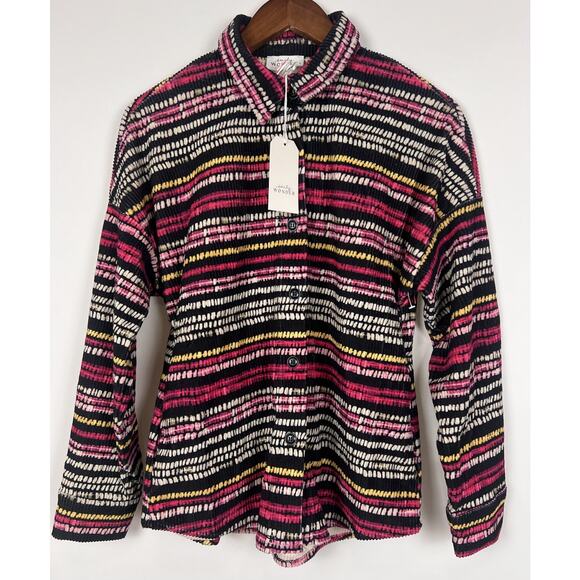 Emily Wonder Multicolor Ribbed Button up Shirt S Long Sleeve Collared Boho Retro - Picture 11 of 11